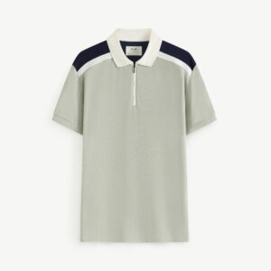 Men's Short-Sleeve Polo Shirt with Zipper Closure and Contrasting Shoulder Fitted