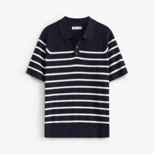 Men's Short-Sleeve Striped Knitted Polo Shirt in Navy/White