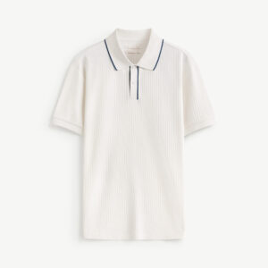 Men's short-sleeved polo shirt with textured fabric and fitted design.